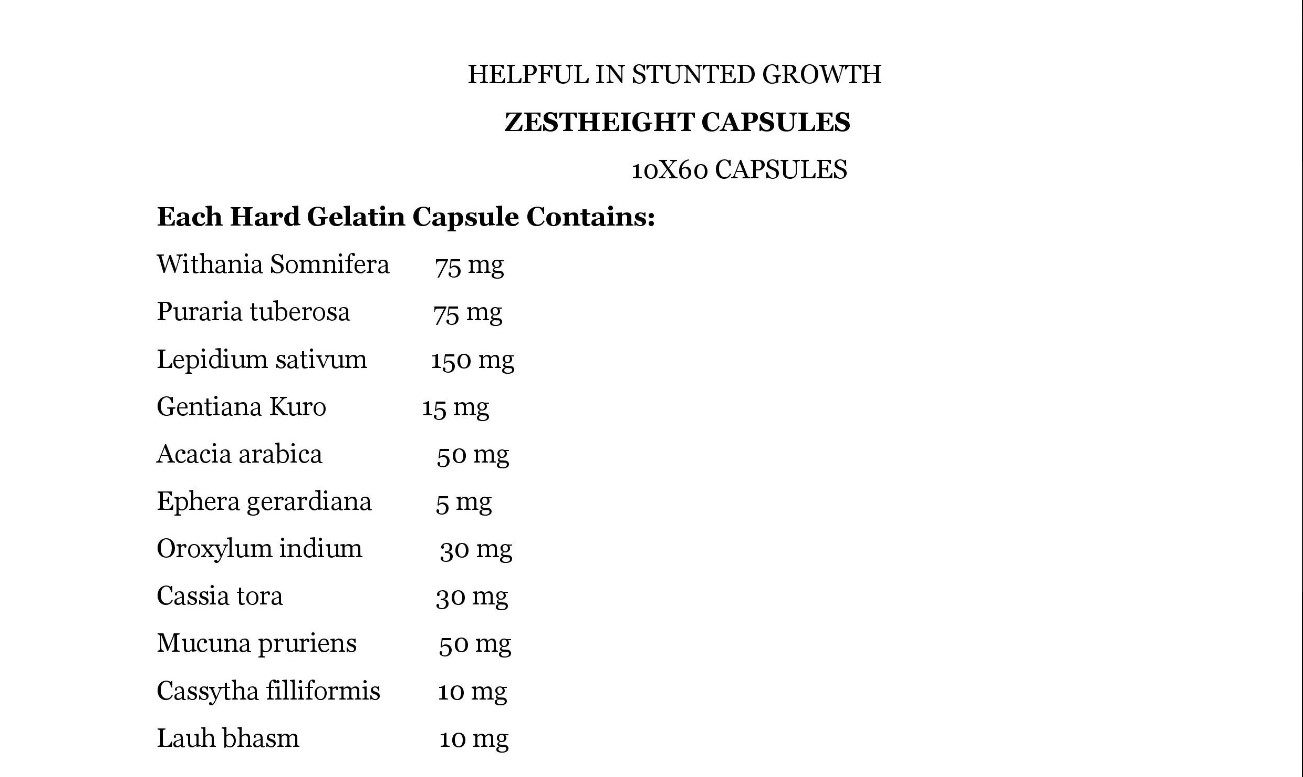 EACH HARD GELATIN CAPSULE CONTAINS:- WITHANIA SOMNIFERA 75 MG PURARIA TUBEROSA 75 MG LEPIDIUM SATIVUM 150 MG GENTIANA KUROO 15 MG ACACIA ARABICA 50 MG EPHERA GERARDIANA 5MG